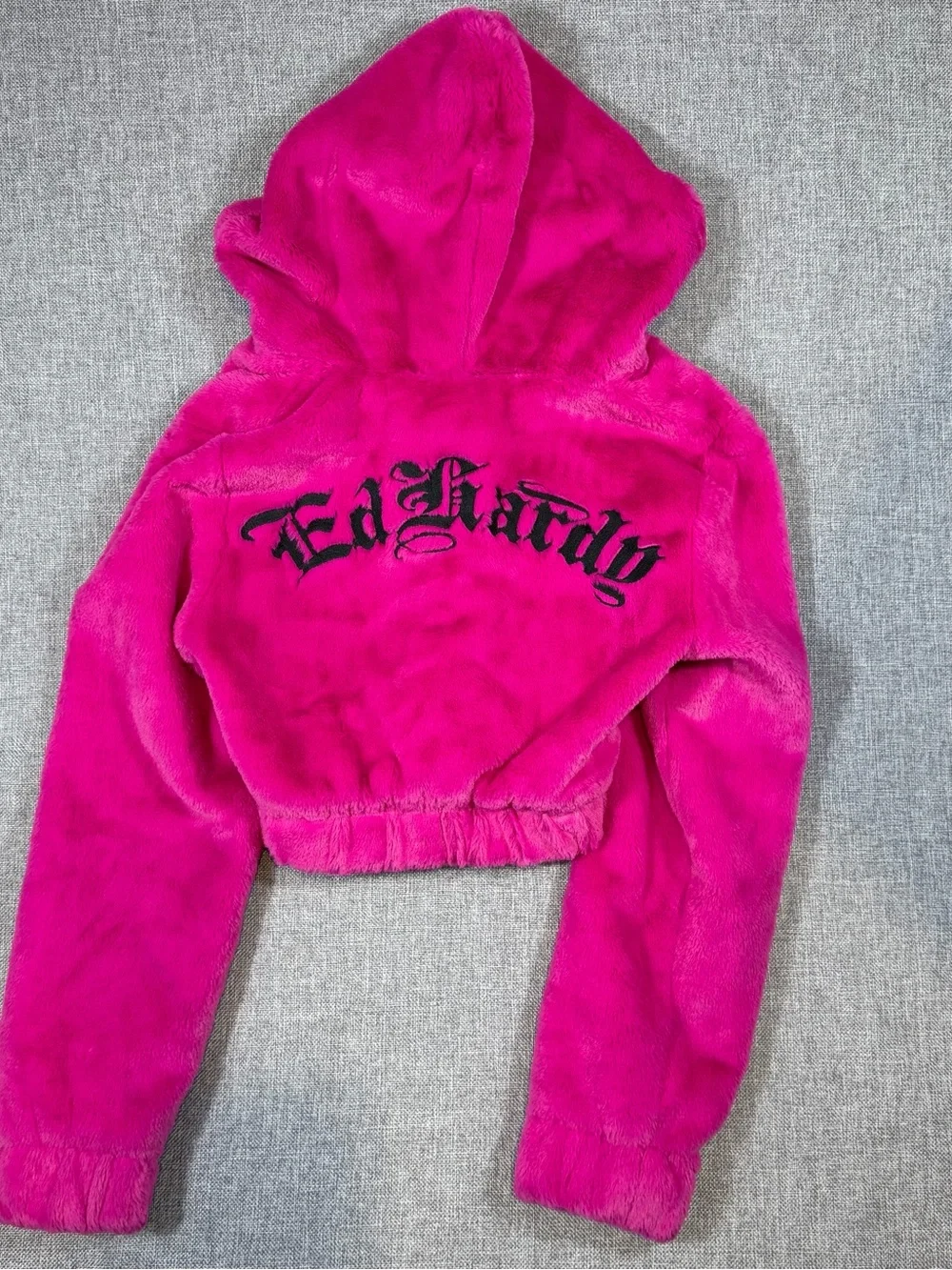 Ed Hardy Hot Pink Faux Fur Cropped Hooded Jacket with Black Panther Motif